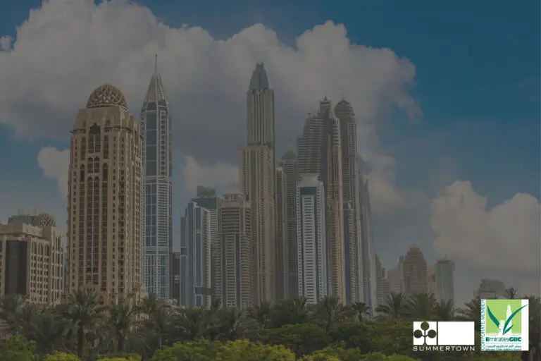 Summertown and Emirates Green Building Council partnership announcement with Dubai Marina skyline in the background, symbolising sustainable progress in the UAE’s built environment.