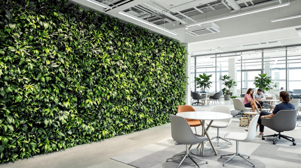 Biophilic interior fit-out with natural materials and greenery, creating a welcoming lounge where people relax and connect