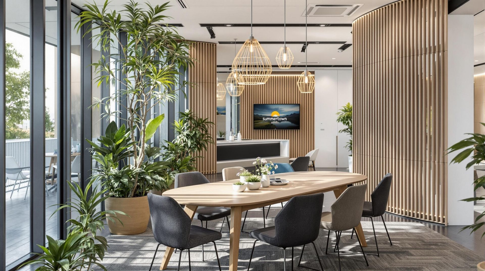 Bright, modern Dubai office with natural light, soft colour tones, and ergonomic design, showcasing how employee wellness supports sustainable business success.