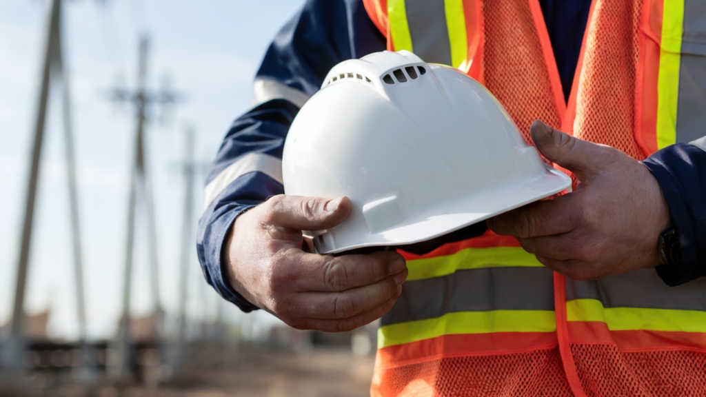 lose-up of a construction worker in a high-visibility vest holding a safety helmet, symbolising Summertown Interiors' commitment to health, safety, and sustainability on every fit-out project site.