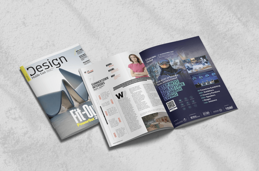 Open Design Middle East magazine featuring the Fit-Out Powerlist 2025 with Summertown Interiors highlighted inside.