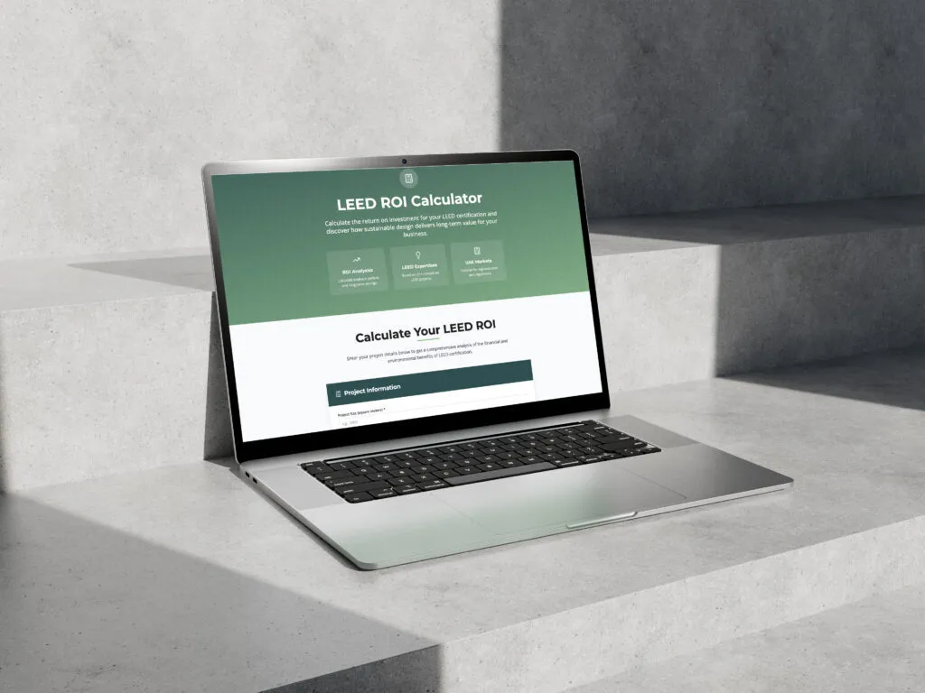 Laptop displaying Summertown Interiors’ LEED ROI Calculator, a tool to measure the value of sustainable fit out and LEED certification in Dubai.