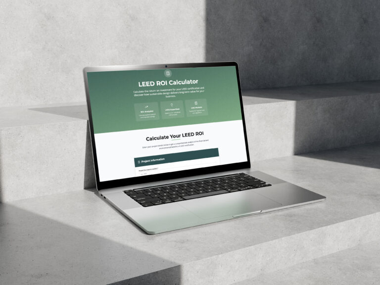 Laptop displaying Summertown Interiors’ LEED ROI Calculator, a tool to measure the value of sustainable fit out and LEED certification in Dubai.