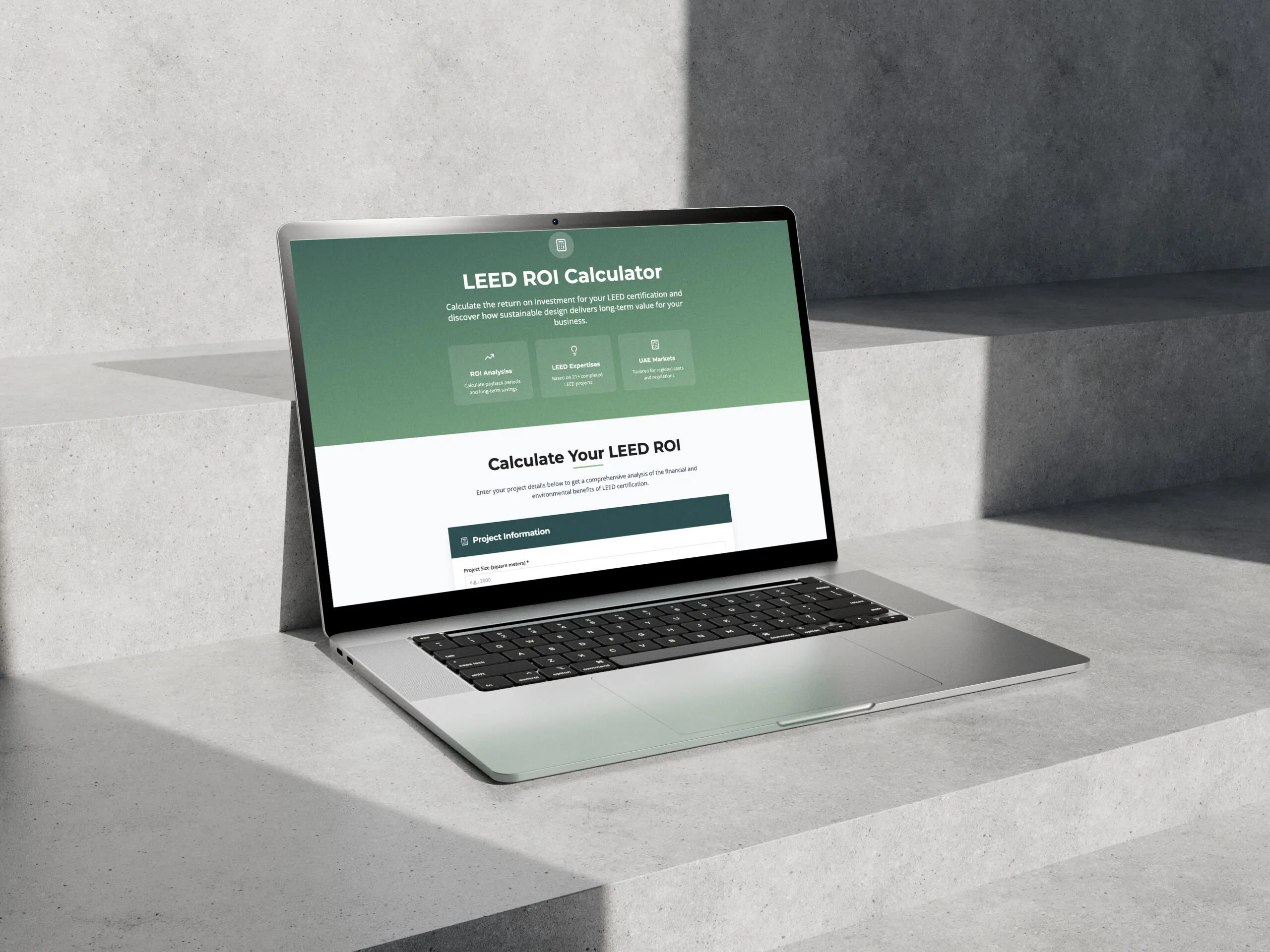 Laptop displaying Summertown Interiors’ LEED ROI Calculator, a tool to measure the value of sustainable fit out and LEED certification in Dubai.