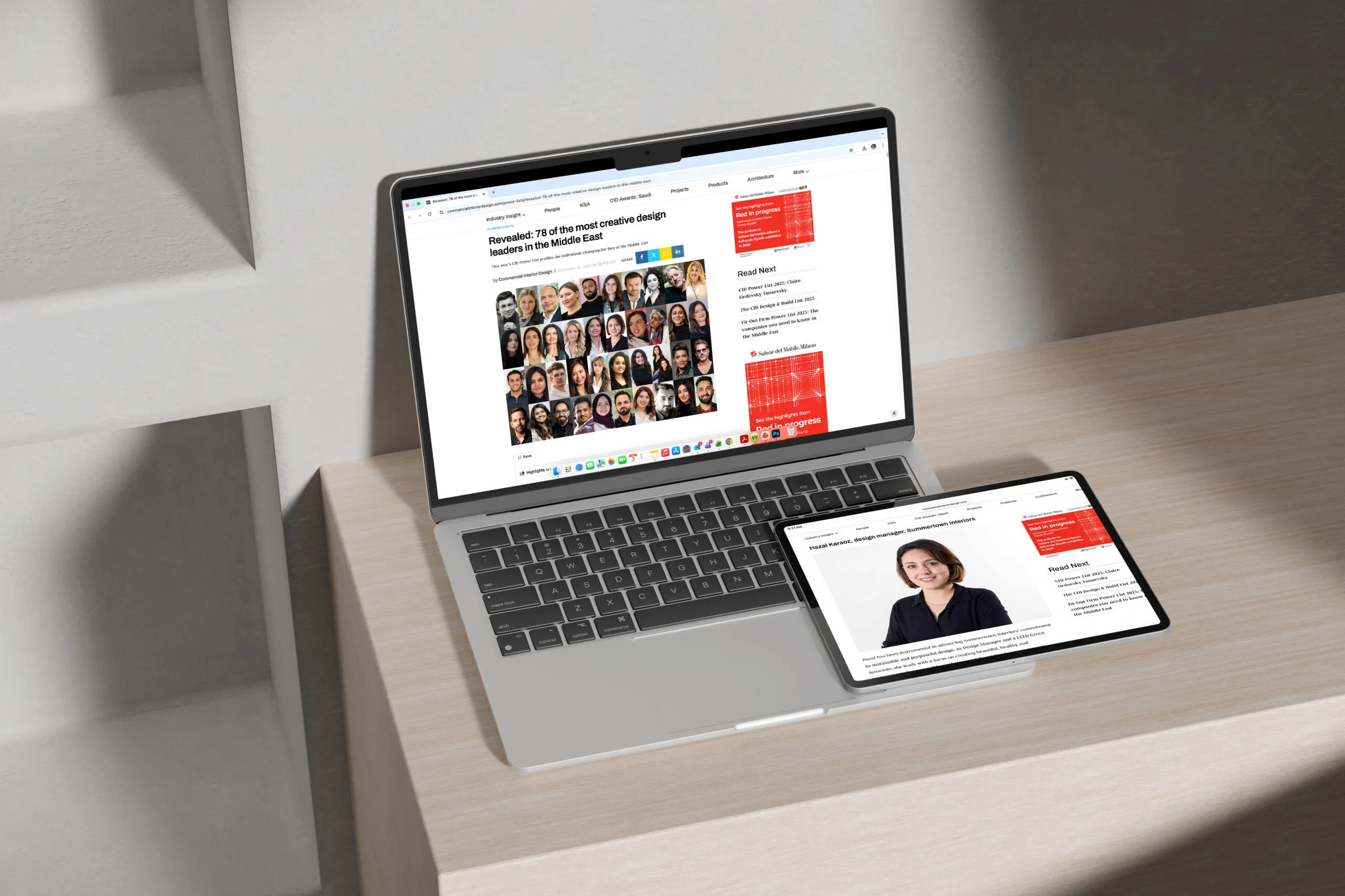 CID Power List 2025 article displayed on laptop and tablet, featuring Hazal Karaoz of Summertown Interiors for her contribution to sustainable interior fit-out design in Dubai.