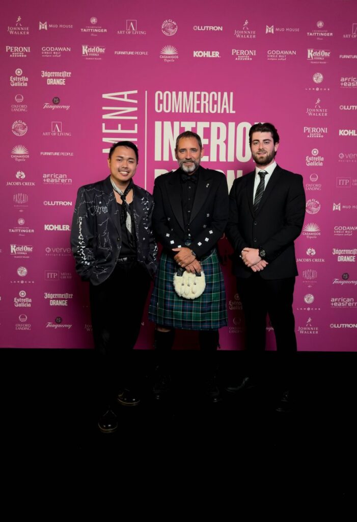 Adrian Menor, a colleague and Steven Lessels of Summertown Interiors at the CID Awards MENA 2026 at Madinat Jumeirah