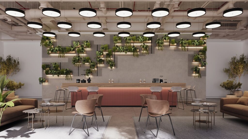 Office pantry and breakout area in Abu Dhabi with a planted grid wall, terracotta coffee bar and round pendant lights