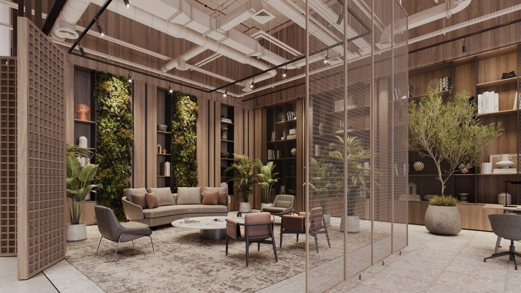 LEED Platinum fit-out in Abu Dhabi with living green walls, timber slat panelling and a lounge with an olive tree