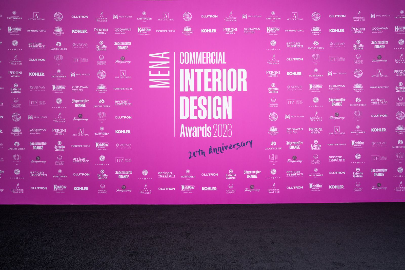 The 20th anniversary entrance at the Commercial Interior Design Awards MENA 2026, held at Madinat Jumeirah